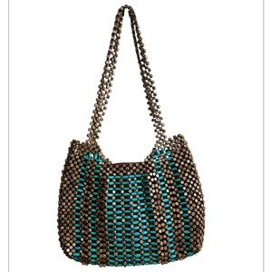 Wooden Beaded Brown/Teal Zippered Tote Bag